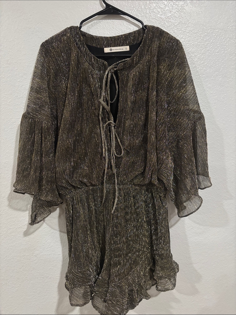 The Impeccable Pig Metallic Gold Pleated Romper